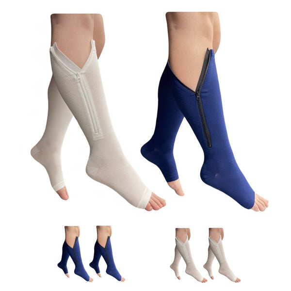 Open Toe 15-20 mmHg Compression Zipper Leg Socks White Navy 2 Pairs