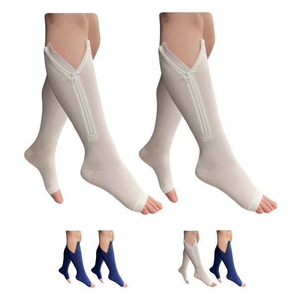 Open Toe 15-20 mmHg Compression Zipper Leg Socks White Navy 2 Pairs