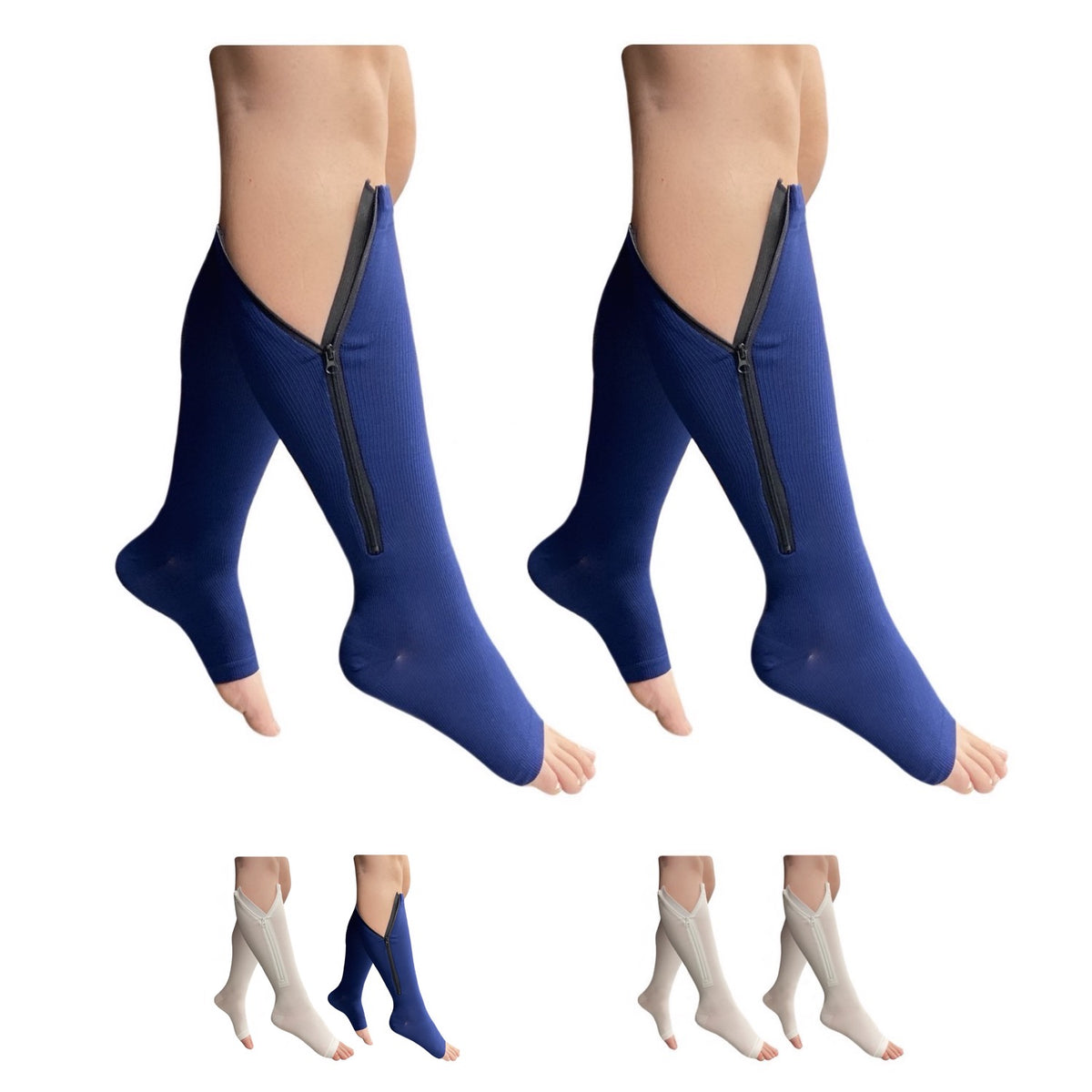 Open Toe 15-20 mmHg Compression Zipper Leg Socks White Navy