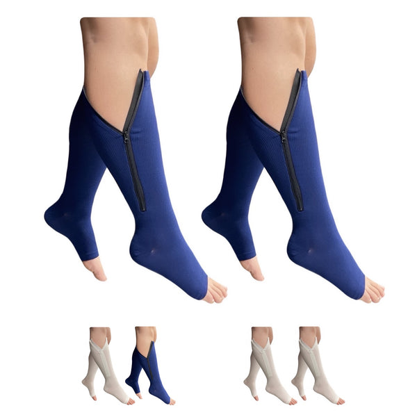 Open Toe 15-20 mmHg Compression Zipper Leg Socks White Navy 2 Pairs