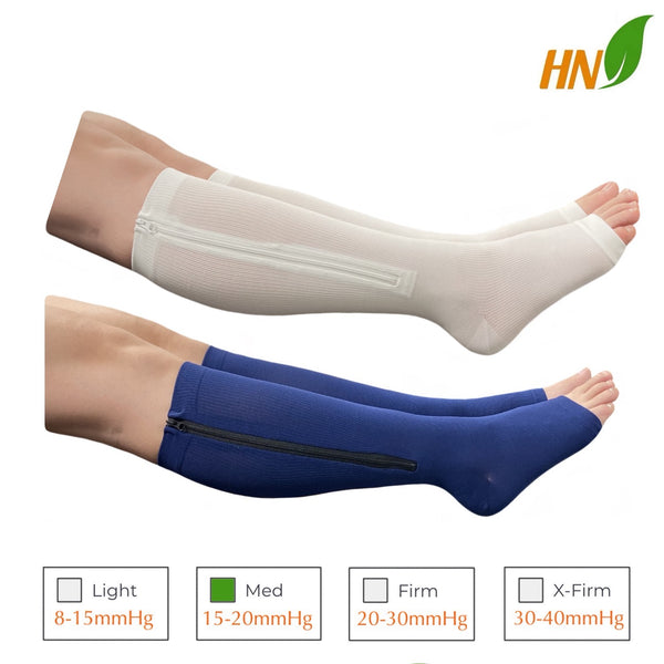 Open Toe 15-20 mmHg Compression Zipper Leg Socks White Navy 2 Pairs
