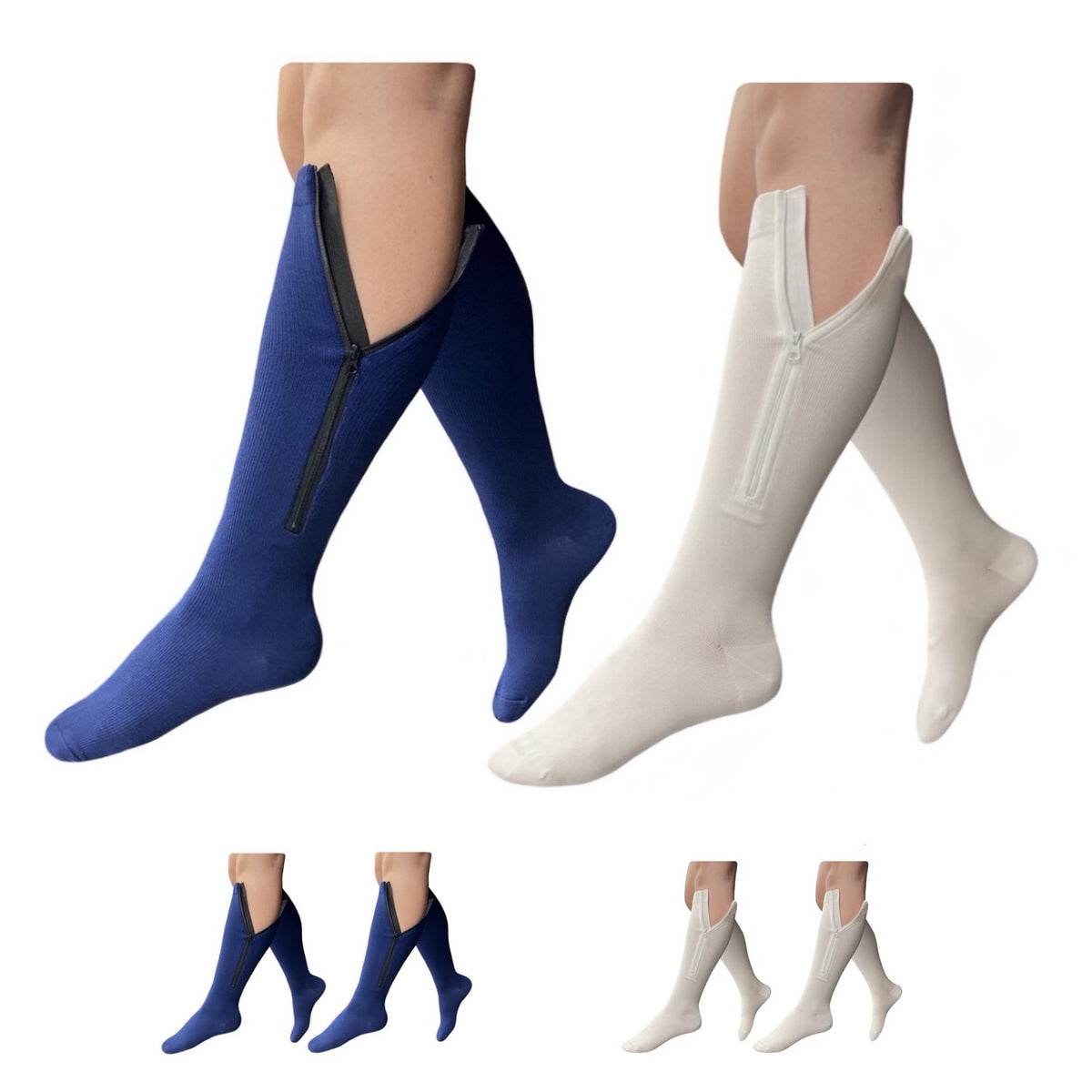 Closed Toe 15-20 mmHg Compression Zipper Socks White Navy 2