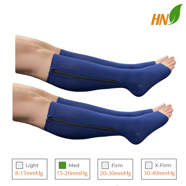 Open Toe 15-20 mmHg Compression Zipper Leg Socks White Navy 2 Pairs