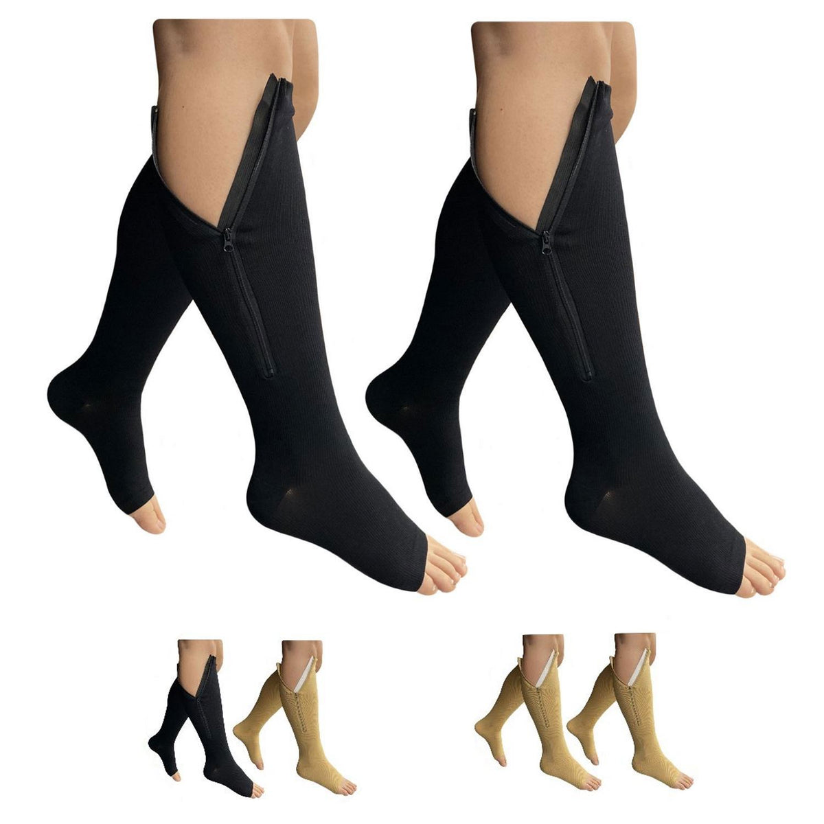 Open Toe 15-20 mmHg Med Compression Leg Calf Leg Zipper Socks - 2