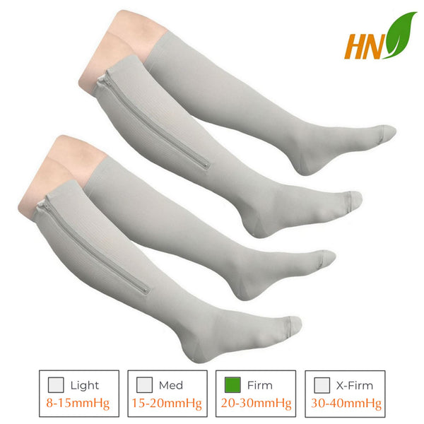 Closed Toe Grey 15-20 or 20-30 mmHg Firm Compression Leg Zipper Socks - 2 Pairs
