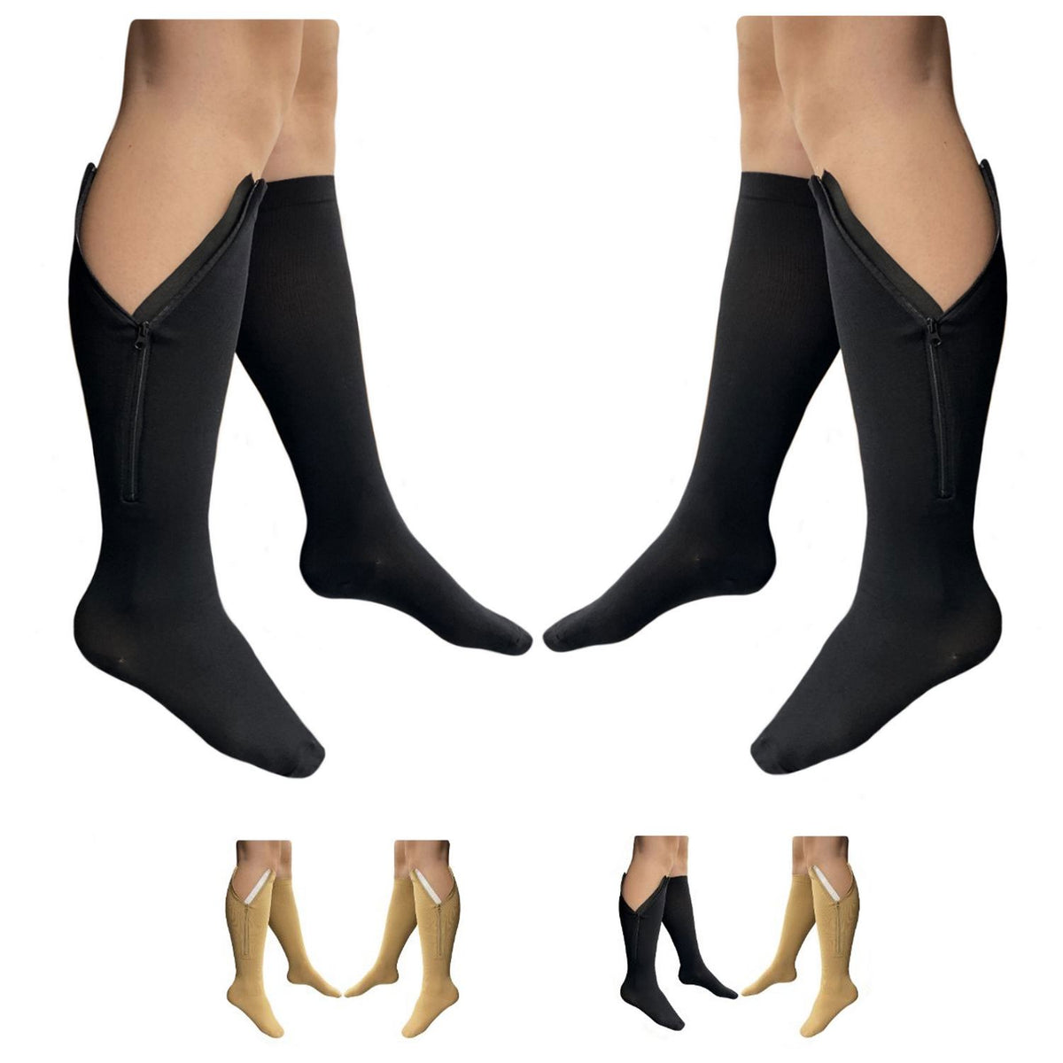 Sosation 2 Pairs Zipper Compression Socks Thigh High 20-30 mmHg Compression  Socks with Zipper Closed Toe Thigh High Compression Stockings for Women