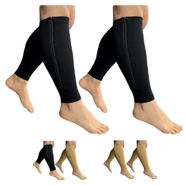 Footless 15-20 mmHg Med Compression Leg Calf Shin Sleeve With Zipper - 2 Pairs