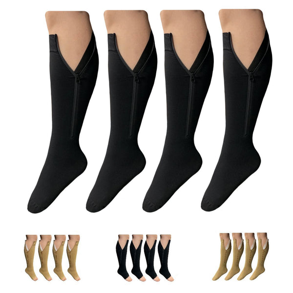 Premium Closed/Open Toe 20-30 mmHg Firm Compression Leg Swelling Zipper Socks - 2 Pairs