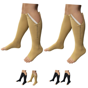 Open Toe 20-30 mmHg Firm Compression Leg Fatigue Calf Swelling Zipper Socks - 2 Pairs