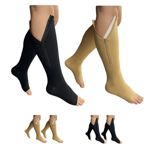 Open Toe 15-20 mmHg Med Compression Leg Calf Leg Zipper Socks - 2 Pairs