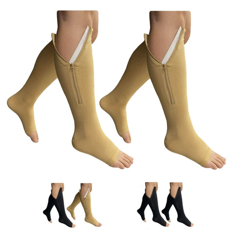 Petite 15-20 mmHg Compression Leg Calf 2 Pairs Open Toe Zipper Socks