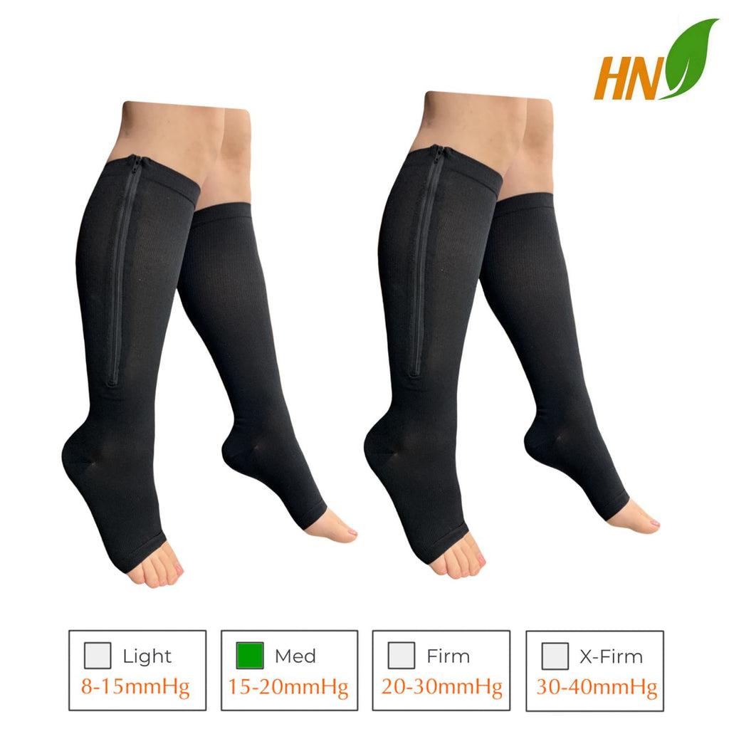 2 Pair Compression Stocks for Women & Men, Support 20-30 mmHg Knee-High  Open Toe Calf Legs Socks for Varicose Veins (S/M, Black)
