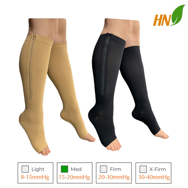 2 Pairs Copper Zipper Compression Socks 15-20mmgh-Calf Knee High Open Toe  Support Stocking Compression Stocking